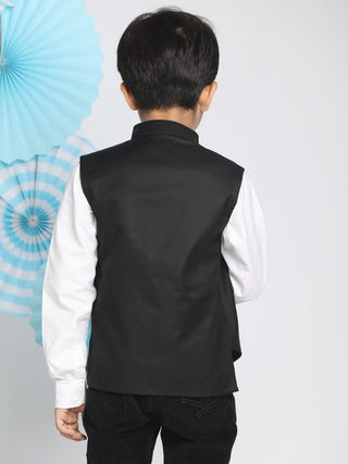 VASTRAMAY Boys Black Solid Satin Nehru Jacket