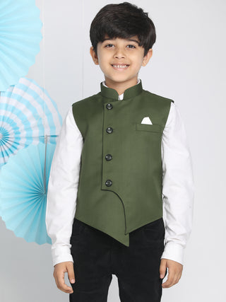 Vastramay Boy's Dark Green Cotton Blend Twill Nehru Jacket