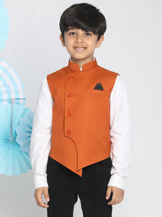 VASTRAMAY Boys Orange Solid Satin Nehru Jacket