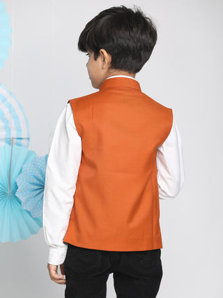 VASTRAMAY Boys Orange Solid Satin Nehru Jacket