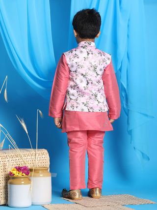 VASTRAMAY Boy's pink Floral Print Jacket With Pink Kurta and Pyjama Set