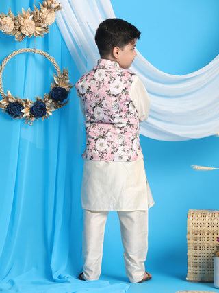 Vastramay Boys Pink Floral Printed Nehru Jacket With Cream Color Kurta And Pyjama Set