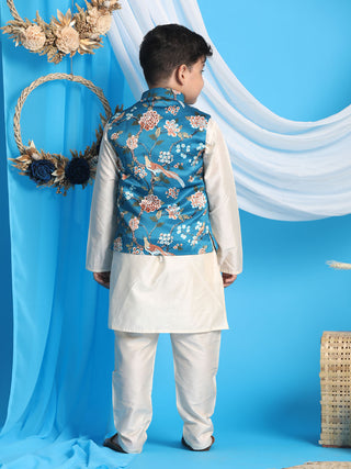 VASTRAMAY Turquoise Digital Printed Royal Angrakha Nehru Jacket With Cream Kurta Pyjama Baap Beta Set