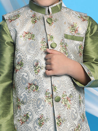 VASTRAMAY Boy's Grey & Green Printed Woven Nehru Jacket