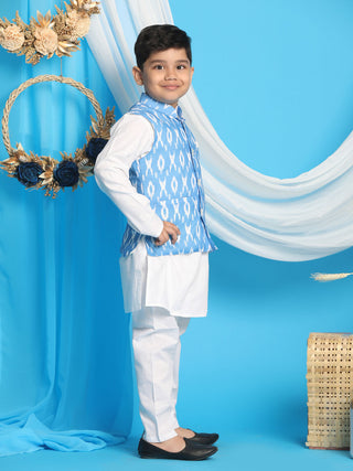 VASTRAMAY Boys' Aqua Nehru Jacket With White Cotton Kurta Pyjama set