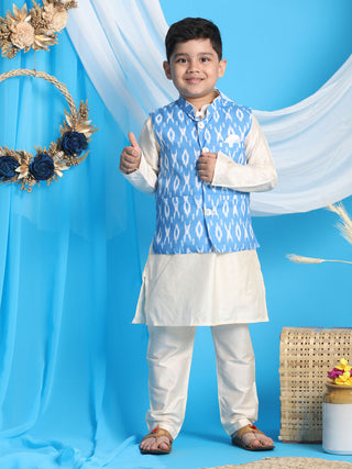 VASTRAMAY Boys' Aqua Nehru Jacket With Cream Kurta Pyjama set