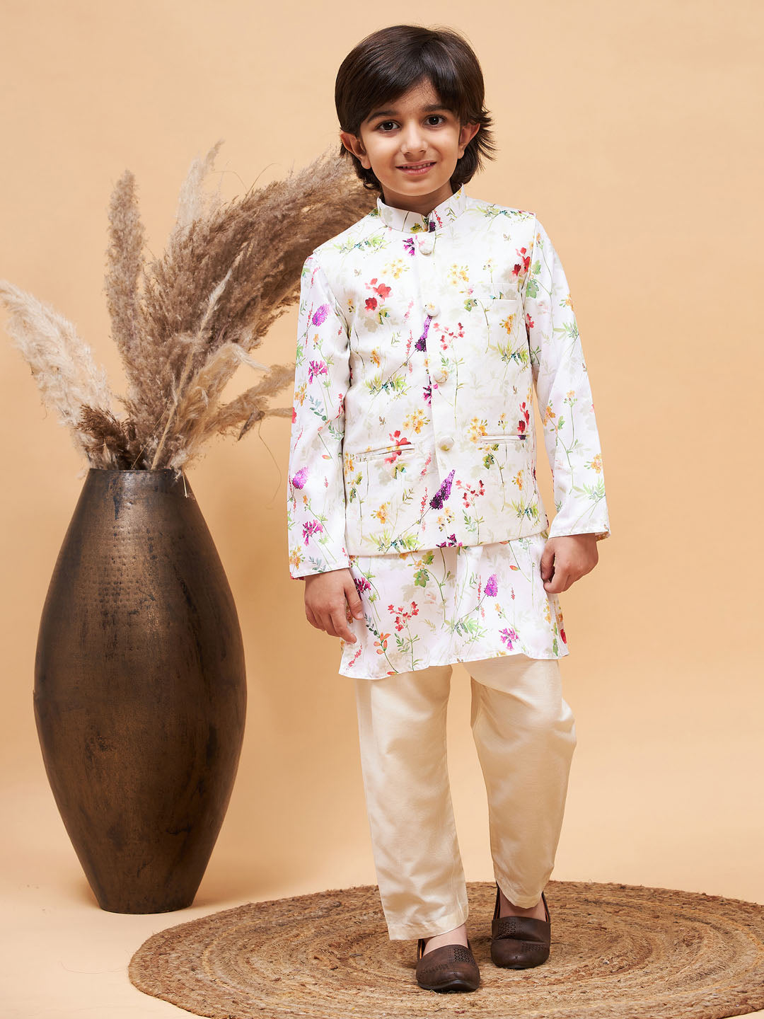 Cream Printed Nehru Jacket And Multicolor-Base Printed Kurta With Cream Pyjama Set