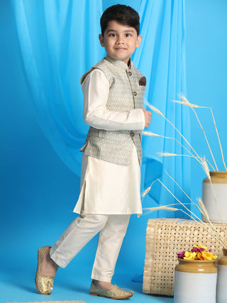VASTRAMAY Boy's Beige Woven Jacket With Cream Kurta and Pyjama Set