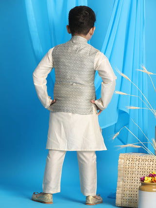 VASTRAMAY Boy's Beige Woven Jacket With Cream Kurta and Pyjama Set