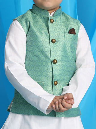 VASTRAMAY Boy's Light Green Woven Jacket With White Kurta and Pyjama Set