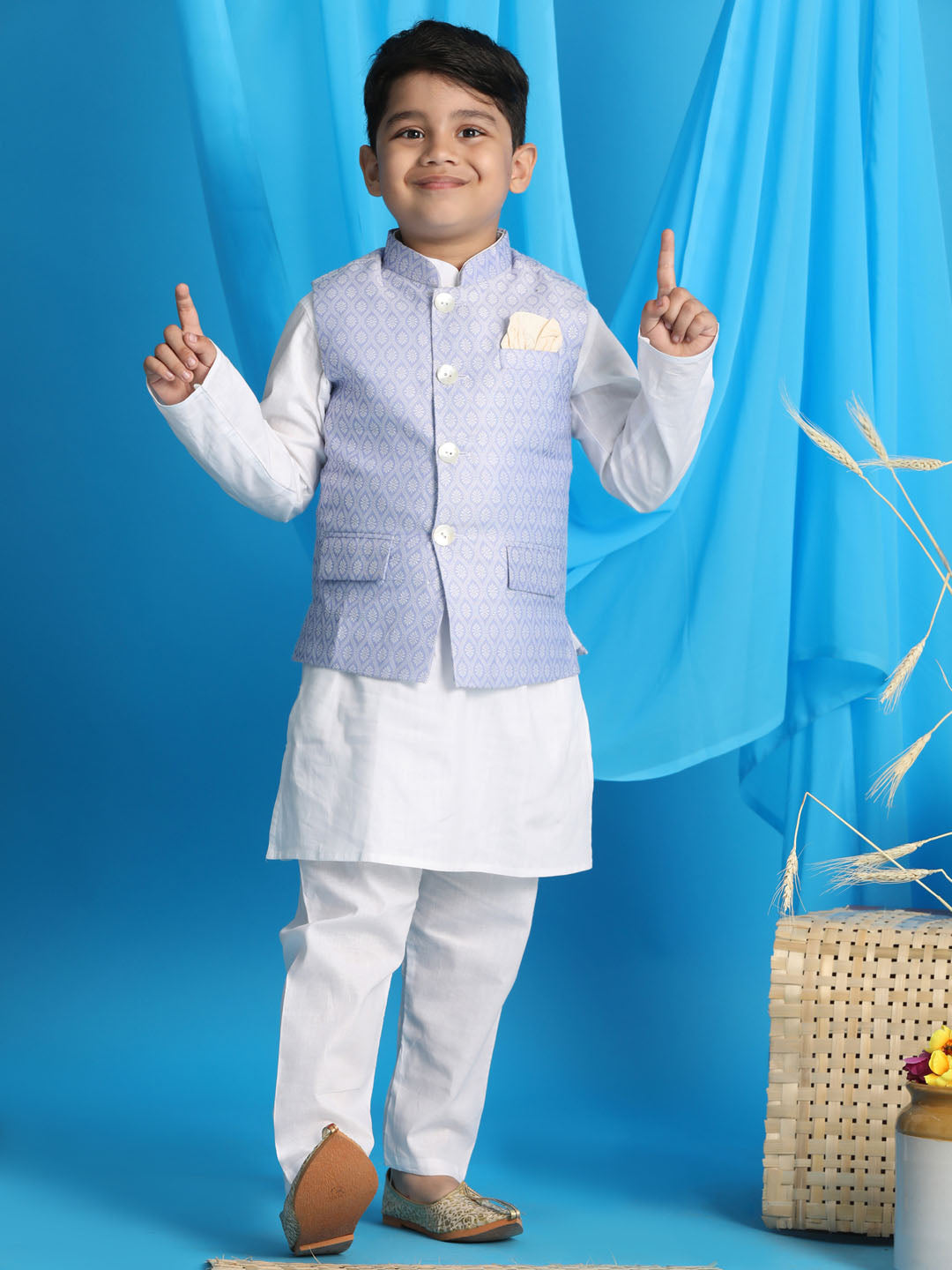 Boy's Lavender Woven Jacket With White Kurta And Pyjama Set