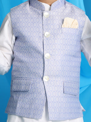 VASTRAMAY Boy's Lavender Woven Jacket With White Kurta and Pyjama Set