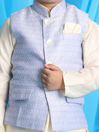 VASTRAMAY Boy's Lavender Woven Jacket With Cream Kurta and Pyjama Set