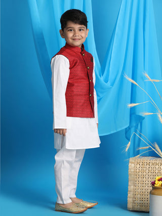 VASTRAMAY Boy's Maroon Woven Jacket With White Kurta and Pyjama Set