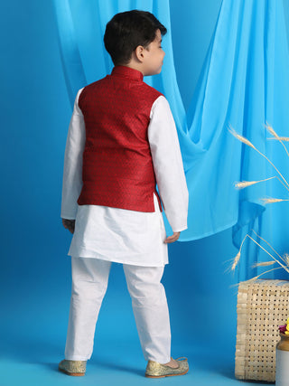 VASTRAMAY Boy's Maroon Woven Jacket With White Kurta and Pyjama Set