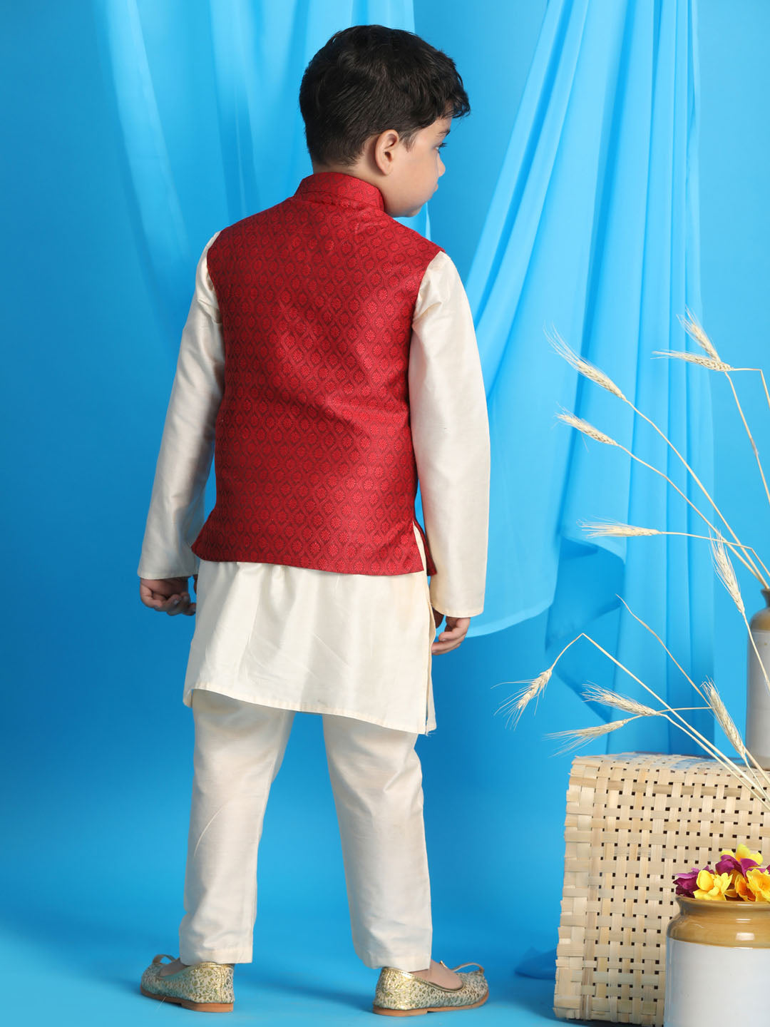 Boy's Maroon Woven Jacket With Cream Kurta And Pyjama Set