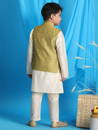 VASTRAMAY Boy's Yellow Woven Jacket With Cream Kurta and Pyjama Set