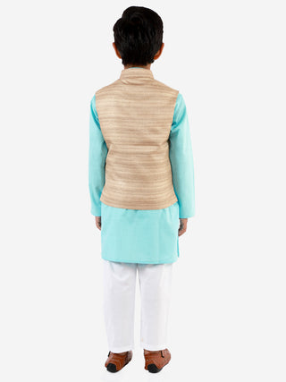 Vastramay Beige, Turquoise And White Baap Beta Nehru Jacket Kurta Pyjama set