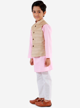 Vastramay Boys Beige, Pink And White Jacket, Kurta and Pyjama Set