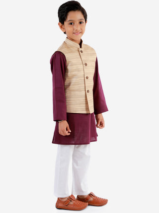 VASTRAMAY Beige, Purple And White Baap Beta Nehru Jacket Kurta Pyjama set
