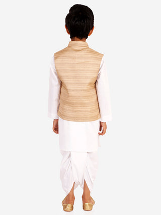 VASTRAMAY Beige Cotton Silk Jacket & White Dhoti Kurta Baap Beta Set