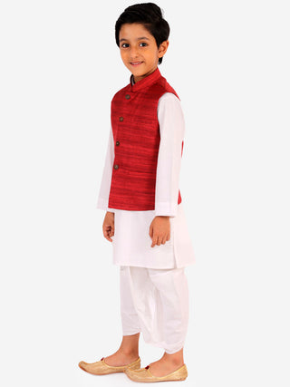 JBN CREATION Boy's Maroon And White Matka Silk Jacket, Kurta and Dhoti Set