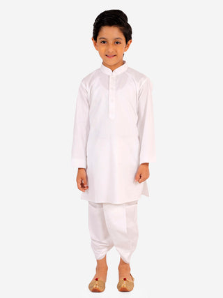 VASTRAMAY Boy's Maroon And White Matka Silk Jacket, Kurta and Dhoti Set