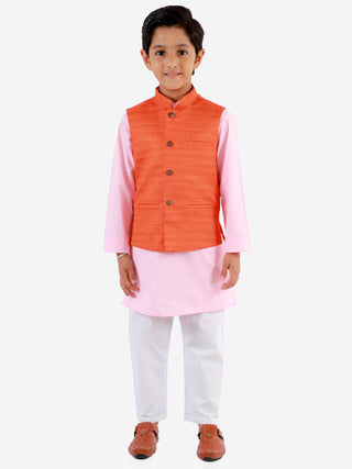 Vastramay Boys Orange, Pink And White Jacket, Kurta and Pyjama Set