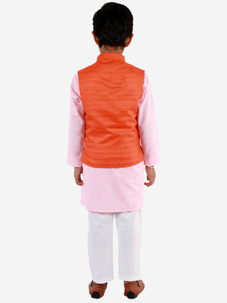 VASTRAMAY Orange, Pink And White Baap Beta Nehru Jacket Kurta Pyjama set