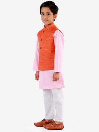 Vastramay Boys Orange, Pink And White Jacket, Kurta and Pyjama Set