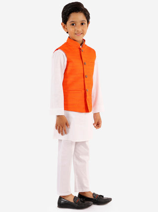 VASTRAMAY Orange Nehru Jacket And White Kurta Pyjama Baap Beta Set