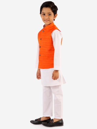 Vastramay Boys Orange And White Jacket, Kurta and Pyjama Set