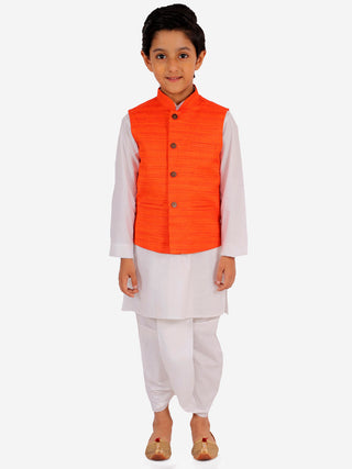 Vastramay Orange And White Matka Silk Jacket, Kurta and Dhoti Set