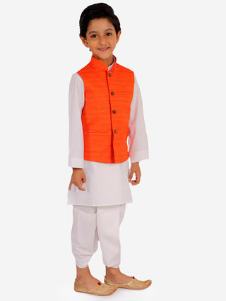 JBN CREATION Orange And White Matka Silk Jacket, Kurta and Dhoti Set