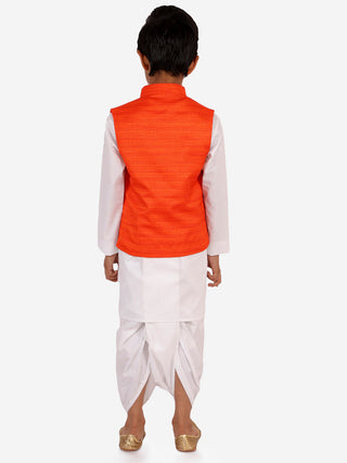 JBN CREATION Orange And White Matka Silk Jacket, Kurta and Dhoti Set