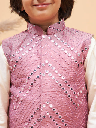 VASTRAMAY Boy's Pink Mirror Work Jacket And Solid Kurta Pyjama Set