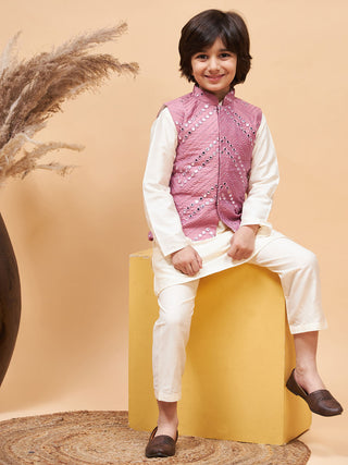 VASTRAMAY Boy's Pink Mirror Work Jacket And Solid Kurta Pyjama Set