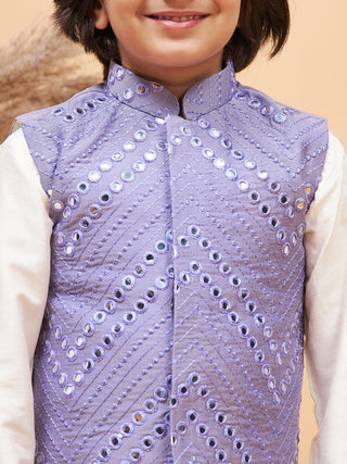 VASTRAMAY Boy's Purple Mirror Work Jacket And Solid Kurta Pyjama Set