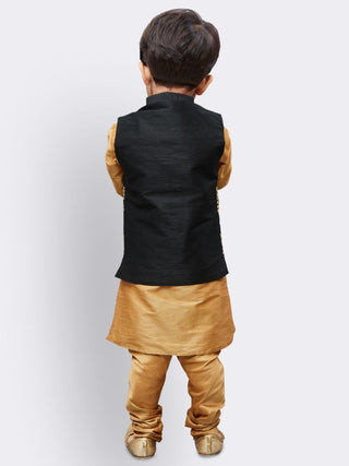 Boys' Gold Silk Cotton Blend Kurta, Waistcoat and Pyjama Set