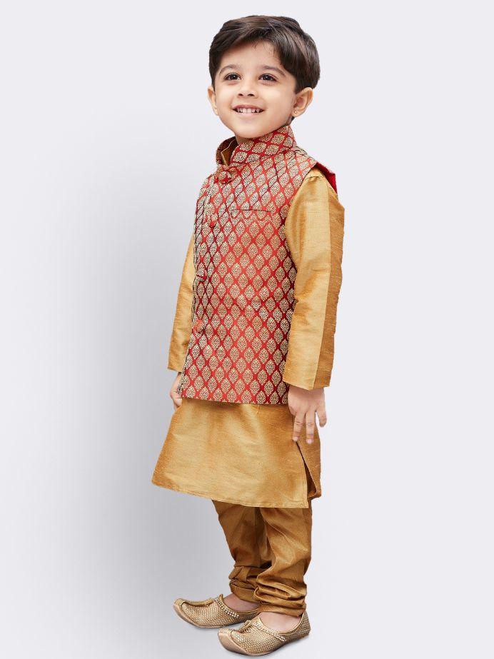 Boys' Gold Silk Cotton Blend Kurta, Waistcoat and Pyjama Set