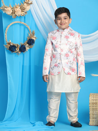 VASTRAMAY Floral Printed Peach Bandhgala Prince Coat Jodhpuri With Cream Kurta Pyjama Set