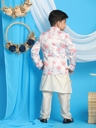 VASTRAMAY Floral Printed Peach Bandhgala Prince Coat Jodhpuri With Cream Kurta Pyjama Set
