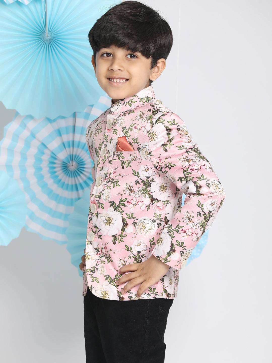 Boys’ Floral Printed Pink Bandhgala Prince Coat Jodhpuri Set
