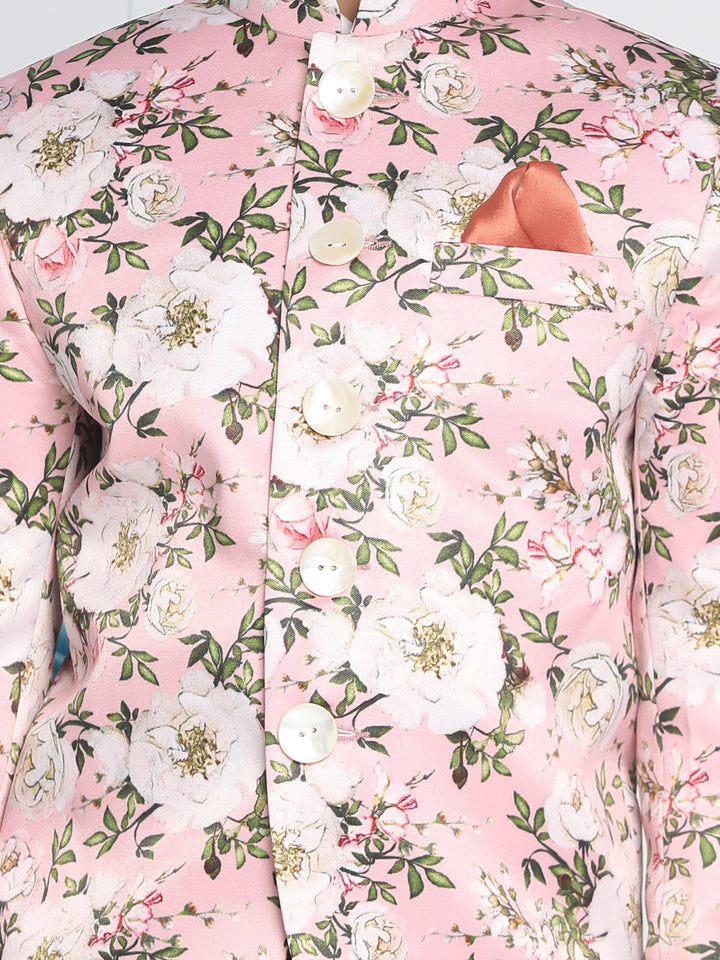 Boys’ Floral Printed Pink Bandhgala Prince Coat Jodhpuri Set