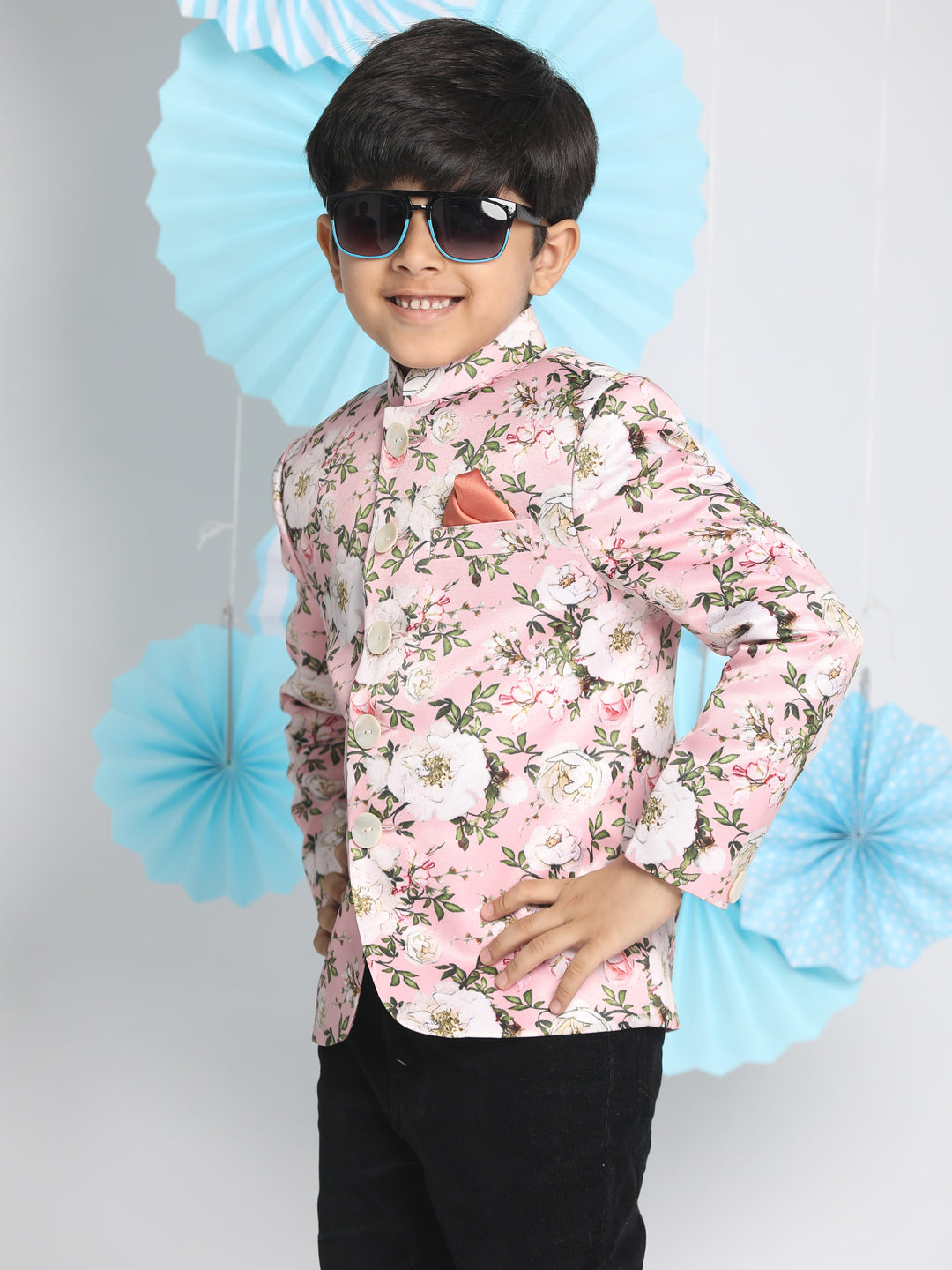 Boys’ Floral Printed Pink Bandhgala Prince Coat Jodhpuri Set