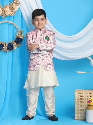 VASTRAMAY Floral Printed Pink Bandhgala Prince Coat Jodhpuri With Cream Color Kurta Pyjama Set
