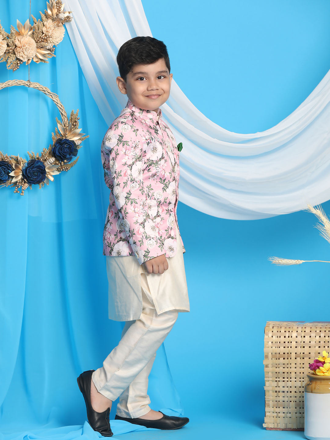 Boys’ Floral Printed Pink Bandhgala Prince Coat Jodhpuri with Cream Kurta Pyjama Set