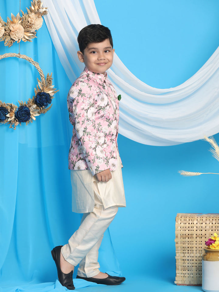 Boys’ Floral Printed Pink Bandhgala Prince Coat Jodhpuri with Cream Kurta Pyjama Set