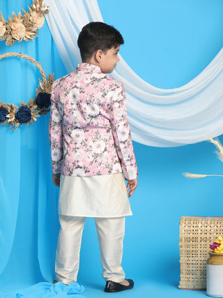 VASTRAMAY Floral Printed Pink Bandhgala Prince Coat Jodhpuri With Cream Color Kurta Pyjama Set