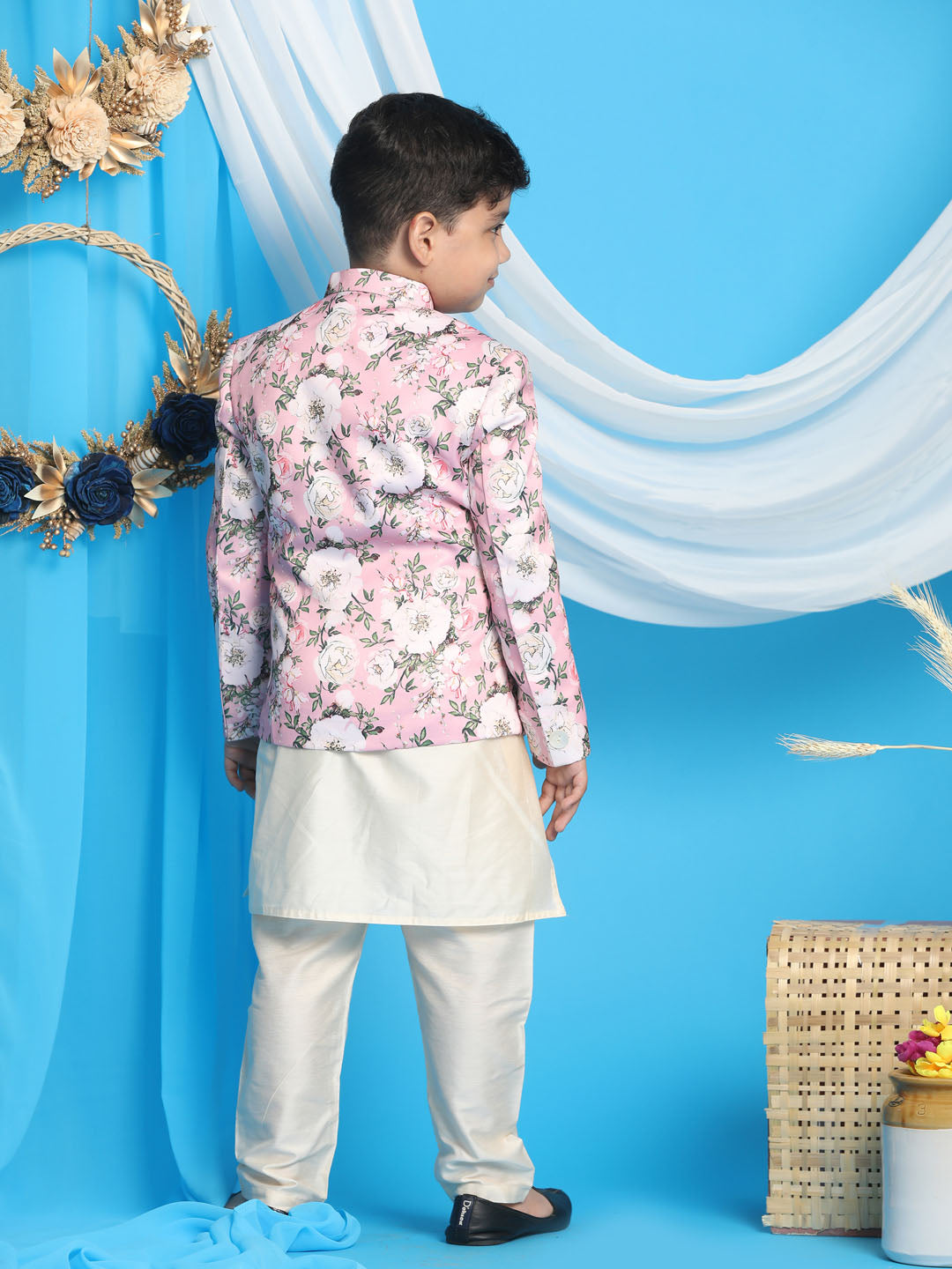 Boys’ Floral Printed Pink Bandhgala Prince Coat Jodhpuri with Cream Kurta Pyjama Set